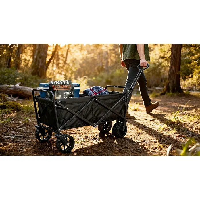 Faltbarer Bollerwagen - L x B x H: 102 x 66 x 76 cm, Belastbarkeit: 60 kg - Bollerwagen mit Grillutensilien, Kühlbox und Decke im Wald, gezogen von einer Person. Praktisch für Ausflüge und Picknicks.