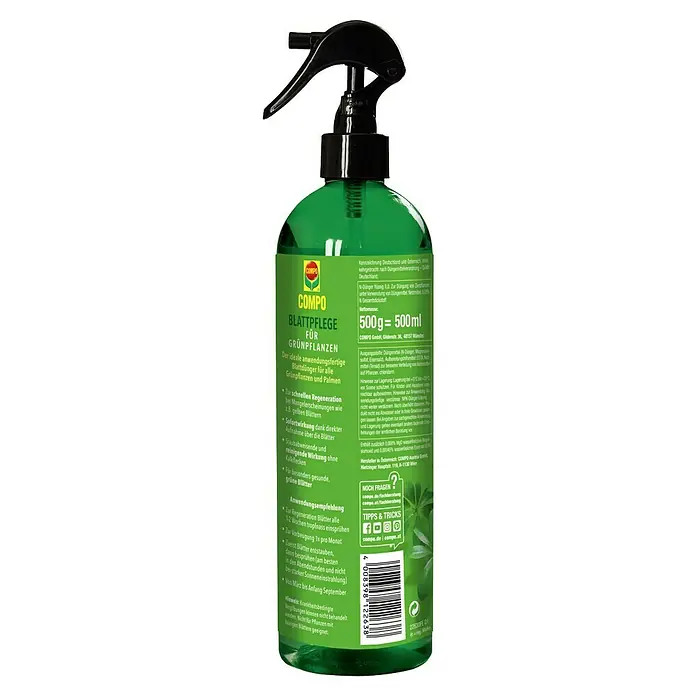 Compo Blattpflege - Geeignet für: Grünpflanzen, 500 ml - COMPO Blattpflege für Grünpflanzen: Ideal für die Pflege von Grünpflanzen und Palmen, sorgt für gesunde Blätter und schnelle Regeneration.