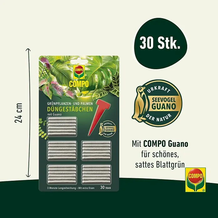Compo Grünpflanzen-Düngestäbchen - 30 Stk. - Compo Grünpflanzen- und Palmen-Düngerstäbchen mit Guano für üppiges Wachstum und satte, grüne Blätter.