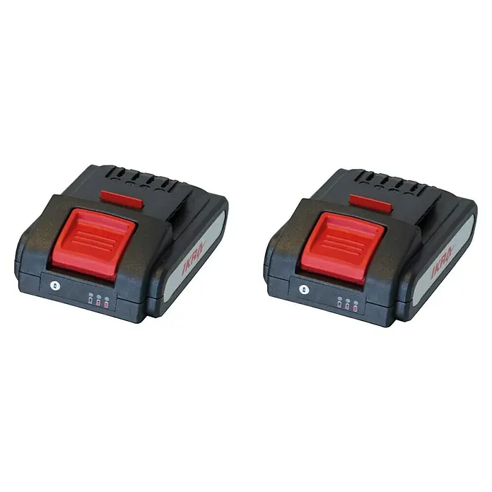 Ikra Akku-Kettensäge ICC 2/2035 - 40 V, 2 Ah, Li-Ionen, 2 Akkus - Zwei IKRA Akkus mit rotem Knopf und Ladestandsanzeige, ideal für kabellose Gartenwerkzeuge und Heimwerkerprojekte mit langer Laufzeit.