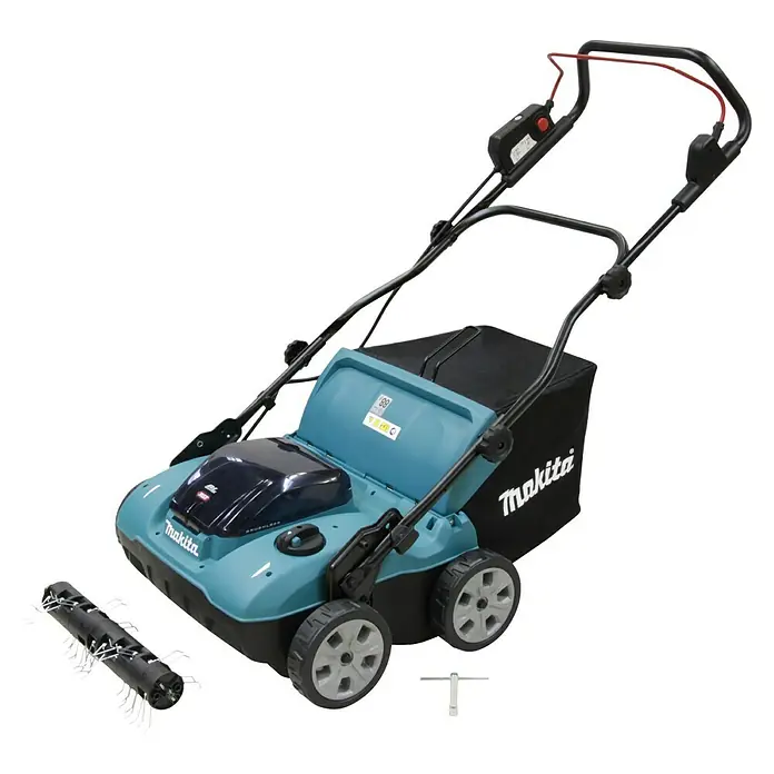 Makita XGT 40V max. Akku-Vertikutierer UV001GZ - Anzahl Akkus: Ohne Akku, 40 V, Arbeitsbreite: 38 cm - Ein blauer Makita Akku-Vertikutierer mit Grasfangkorb und einer zusätzlichen Walze. Perfekt für die Rasenpflege.