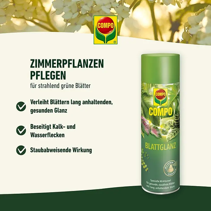 Compo Blattglanz - 300 ml - Zimmerpflanzenpflege mit COMPO Blattglanz für strahlend grüne Blätter, langanhaltenden Glanz und staubabweisende Wirkung.