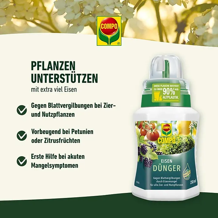 Compo Universaldünger Eisen - 250 ml - Abbildung von COMPO Eisendünger zur Pflanzenunterstützung mit Eisen gegen Blattvergilbungen bei Zier- und Nutzpflanzen.