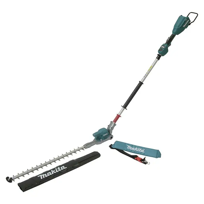 Makita XGT 40V max. Akku-Heckenschere UN001G - 40 V, Li-Ionen, Ohne Akku, Schnittlänge: 600 mm - Das Bild zeigt eine Makita Akku-Heckenschere mit Verlängerungsstiel und Klingenschutz, ideal für hohe Hecken.