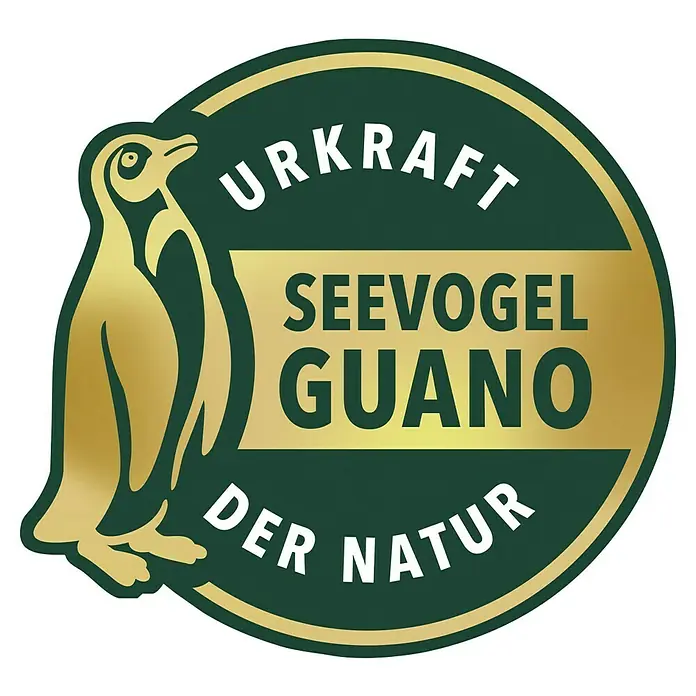 Compo Grünpflanzen-Düngestäbchen - 30 Stk. - Etikett für Seevogel-Guano-Dünger "Urkraft der Natur" mit Pinguin-Illustration und Fokus auf organischen Dünger.