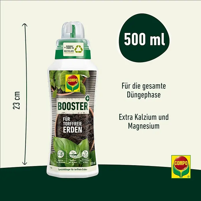Compo Universaldünger Booster - 500 ml - Abbildung einer 500-ml-Flasche COMPO Booster Spezialdünger für torffreie Erden, ideal für die Düngephase, mit Kalzium und Magnesium.