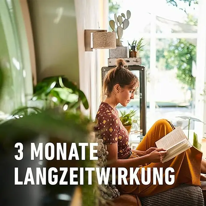 Compo Grünpflanzen-Düngestäbchen - 30 Stk. - Frau liest ein Buch in einem gemütlichen Zimmer mit der Aufschrift "3 Monate Langzeitwirkung".