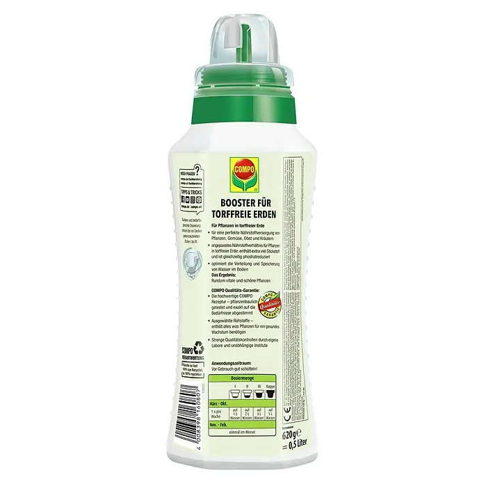 Compo Universaldünger Booster - 500 ml - Produktbild von COMPO Booster für torffreie Erde, ein Dünger für vitales Pflanzenwachstum.