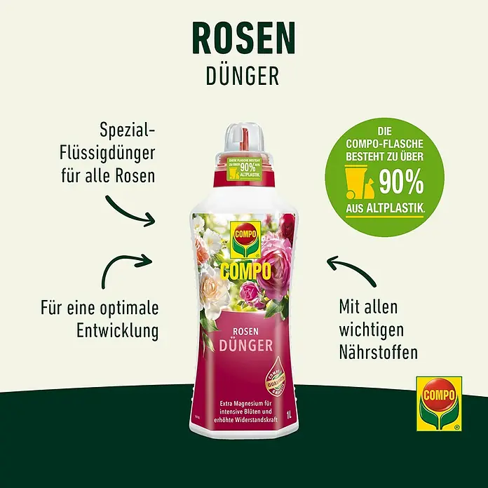 Compo Rosendünger - 1 l - Abbildung einer Flasche Rosendünger von Compo, einem Spezial-Flüssigdünger für üppige Blüten und erhöhte Widerstandskraft.