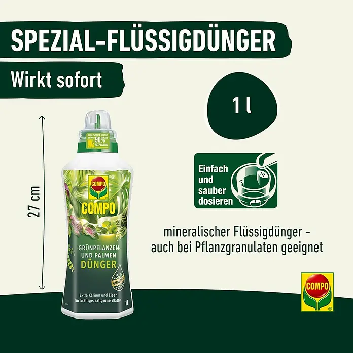 Compo Universaldünger - 1 l - Abbildung einer 1-Liter-Flasche Compo Spezial-Flüssigdünger für Grünpflanzen und Palmen, mit Angaben zu Größe und Dosierung.