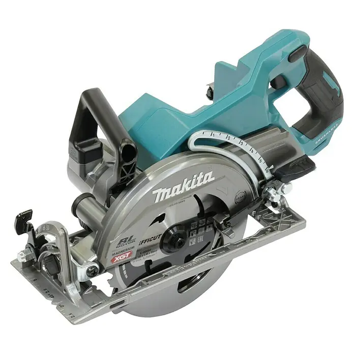 Makita XGT 40V max. Akku-Handkreissäge RS001GZ - 40 V, Ohne Akku, Durchmesser Sägeblatt: 185 mm, 6.400 U/min - Nahaufnahme der Makita Akku-Handkreissäge, einem leistungsstarken Werkzeug für präzise Holzschnitte.