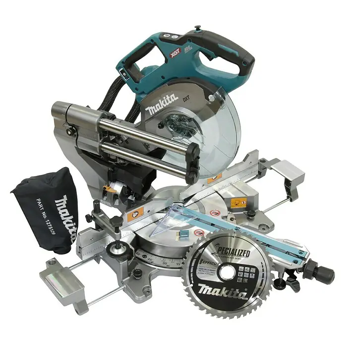 Makita XGT 40V max. Akku-Kapp- & Gehrungssäge LS002GZ01 - 40 V, Ohne Akku, 4.800 U/min - Eine Makita DXT Kapp- und Gehrungssäge mit Zubehör, ideal zum präzisen Schneiden von Holz und anderen Materialien in Werkstätten und Baustellen.
