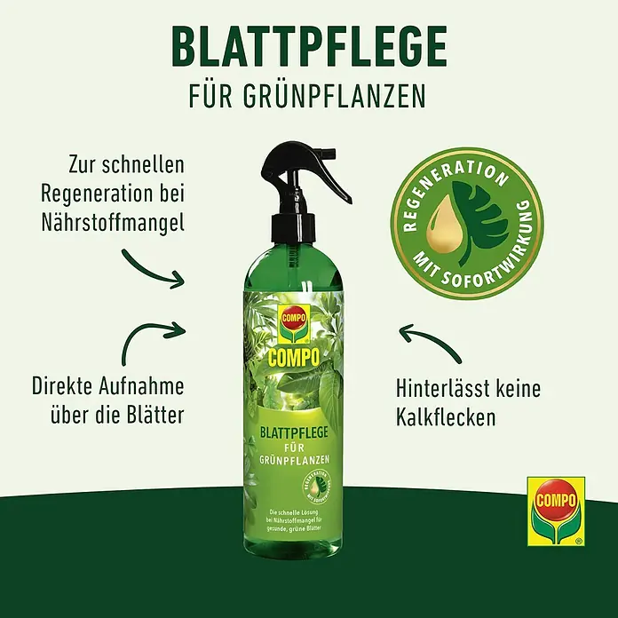 Compo Blattpflege - Geeignet für: Grünpflanzen, 500 ml - Abbildung einer COMPO Blattpflege für Grünpflanzen Sprühflasche, die eine schnelle Regeneration bei Nährstoffmangel verspricht.