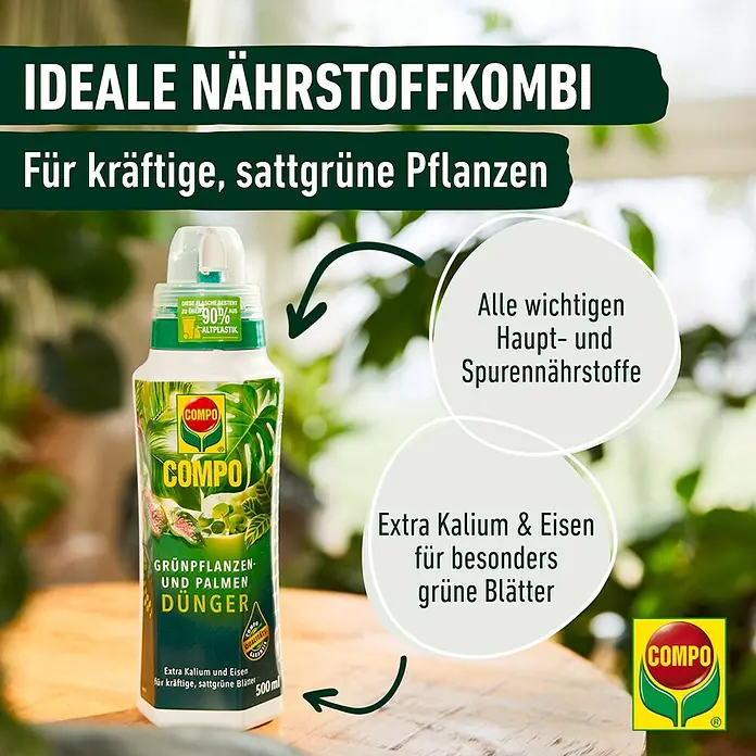Compo Universaldünger - 1 l - COMPO Grünpflanzen- und Palmendünger für kräftige, sattgrüne Pflanzen mit wichtiger Nährstoffkombi und extra Kalium & Eisen für besonders grüne Blätter.