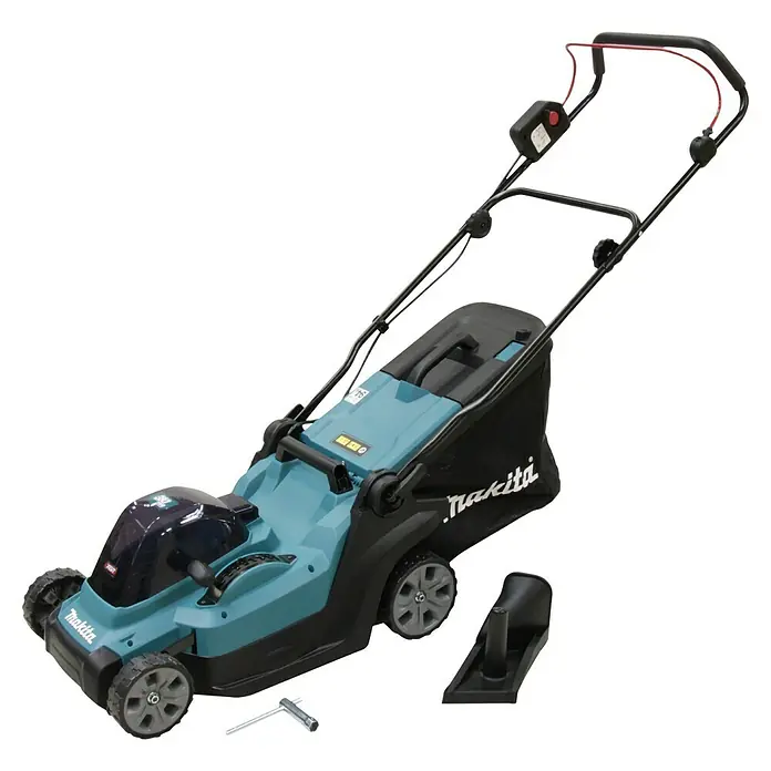 Makita XGT 40V max. Akku-Rasenmäher LM003GZ - 40 V, Ohne Akku, 8 Ah, Schnittbreite: 38 mm - Hier ist ein Bild eines Makita Akku-Rasenmähers. Der Rasenmäher ist in einem hellen Türkis mit schwarzen Akzenten gehalten.