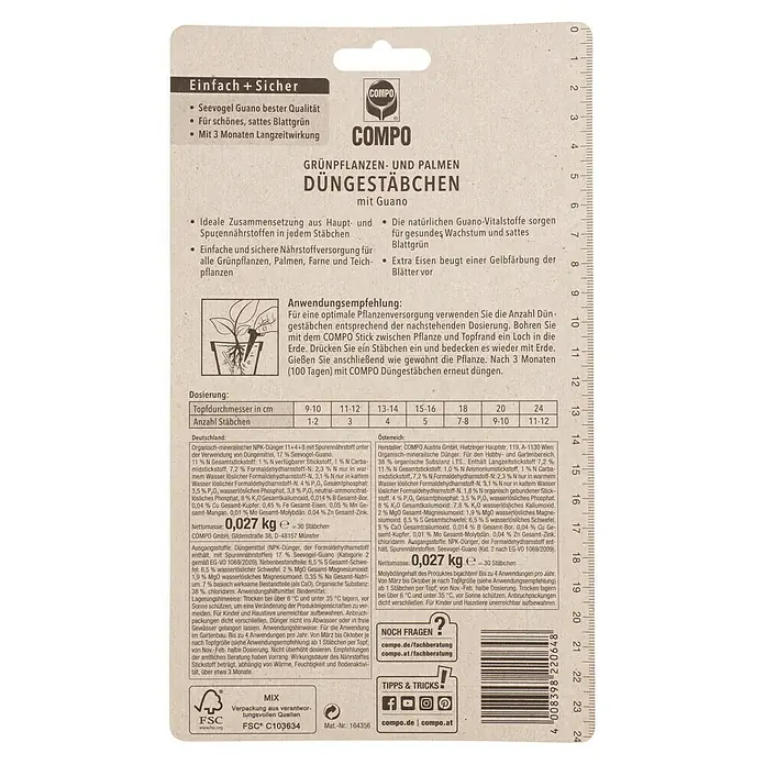 Compo Grünpflanzen-Düngestäbchen - 30 Stk. - COMPO Grünpflanzen- und Palmen-Düngestäbchen mit Guano. Für üppiges Wachstum und satte Blattgrün, mit 3 Monaten Langzeitwirkung.