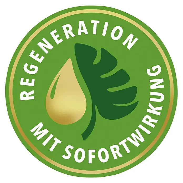 Compo Blattpflege - Geeignet für: Grünpflanzen, 500 ml - Ein grünes Siegel mit der Aufschrift "Regeneration Mit Sofortwirkung" umgibt ein Öltröpfchen und ein Blatt, was sofortige Regeneration verspricht.