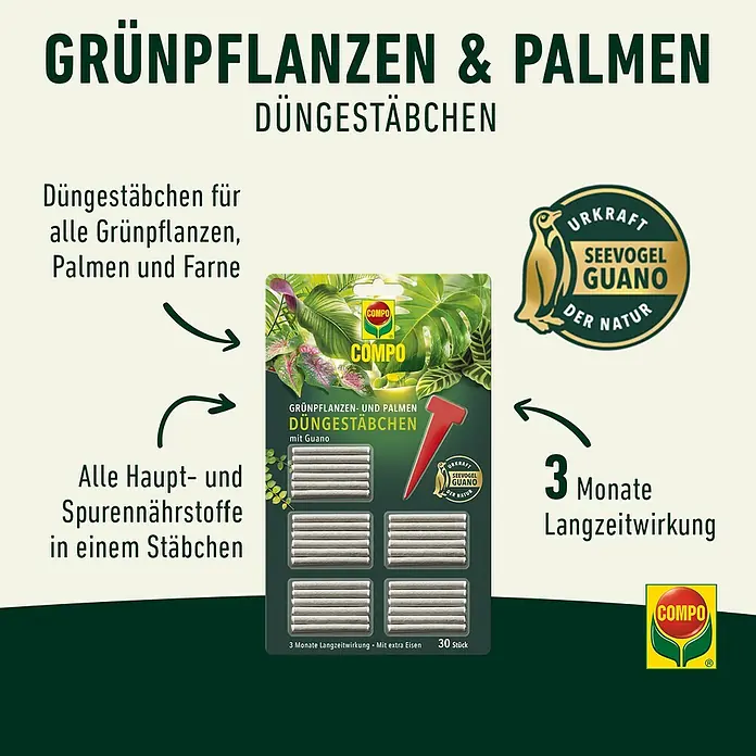 Compo Grünpflanzen-Düngestäbchen - 30 Stk. - COMPO Düngestäbchen für Grünpflanzen & Palmen: 3 Monate Langzeitwirkung mit Guano und zusätzlichen Spurennährstoffen für gesundes Wachstum.