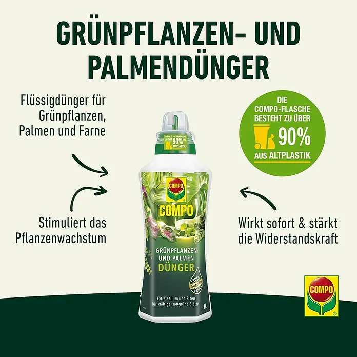 Compo Universaldünger - 1 l - COMPO Grünpflanzen- und Palmendünger: Flüssigdünger für üppiges Wachstum und Widerstandskraft, hergestellt aus über 90% recyceltem Plastik.