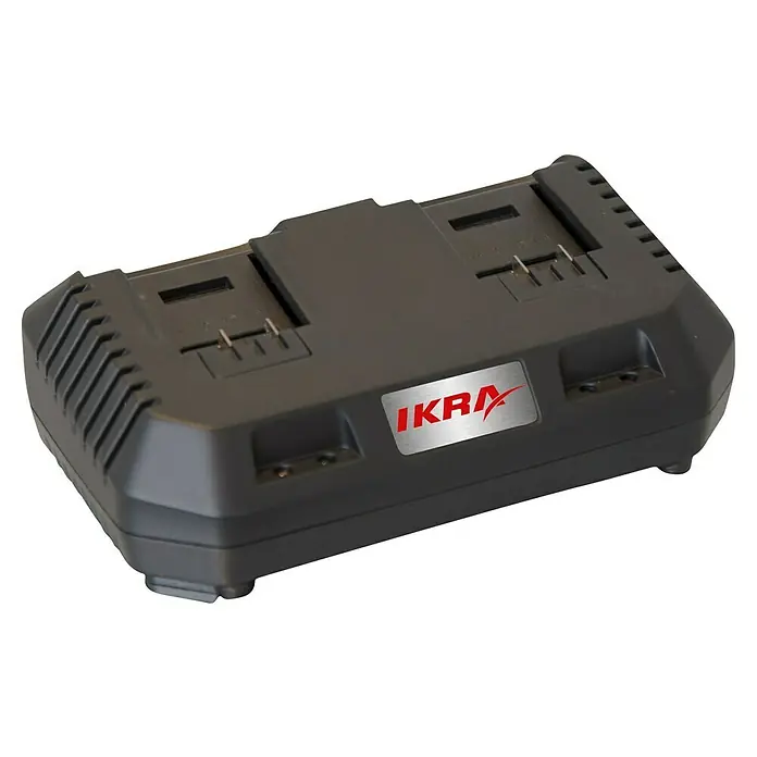 Ikra Akku-Kettensäge ICC 2/2035 - 40 V, 2 Ah, Li-Ionen, 2 Akkus - Bild eines IKRA Doppel-Akkuladegeräts in Schwarz, perfekt zum gleichzeitigen Laden von zwei Akkus.