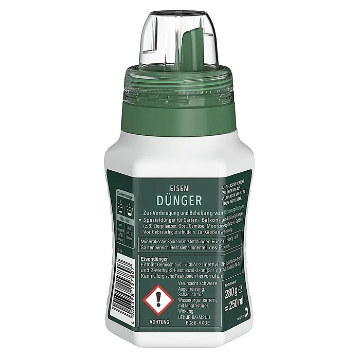 Compo Universaldünger Eisen - 250 ml - Bild eines Eisen-Dünger-Produkts in einer weißen Flasche mit grünem Etikett.