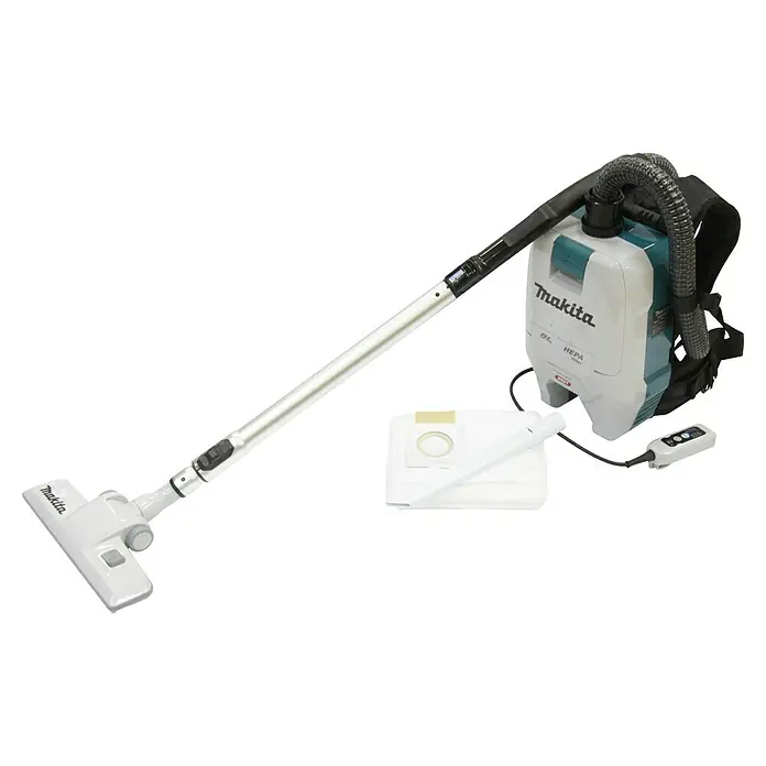 Makita XGT 40V max. Akku-Rucksackstaubsauger VC008GZ - Anzahl Akkus: Ohne Akku, Behältervolumen: 2 l - Abgebildet ist ein Makita-Akku-Rucksackstaubsauger, ein tragbares Reinigungsgerät mit einem flexiblen Schlauch und einer Düse für den bequemen Gebrauch.