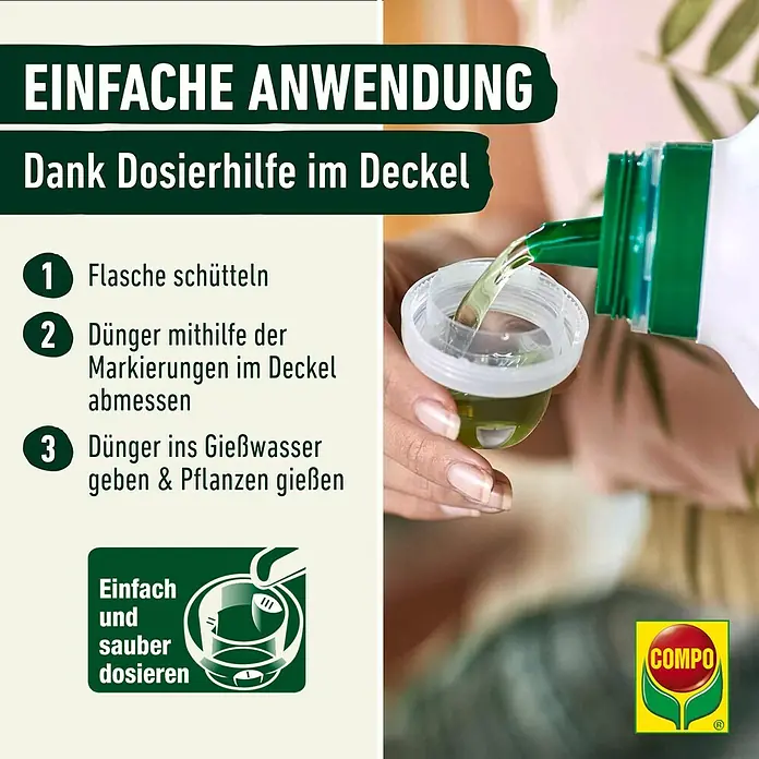 Compo Universaldünger - 1 l - Anleitung zur einfachen Anwendung von COMPO Dünger: Schütteln, dosieren mit Deckel und ins Gießwasser geben.