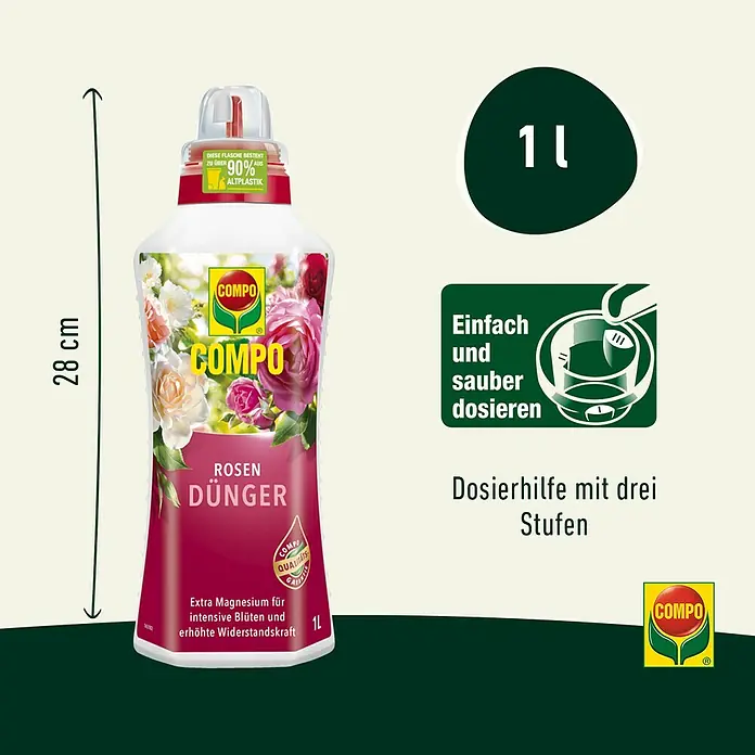 Compo Rosendünger - 1 l - Abbildung einer 1-Liter-Flasche COMPO Rosendünger mit Hinweisen zur Dosierung und den Abmessungen.