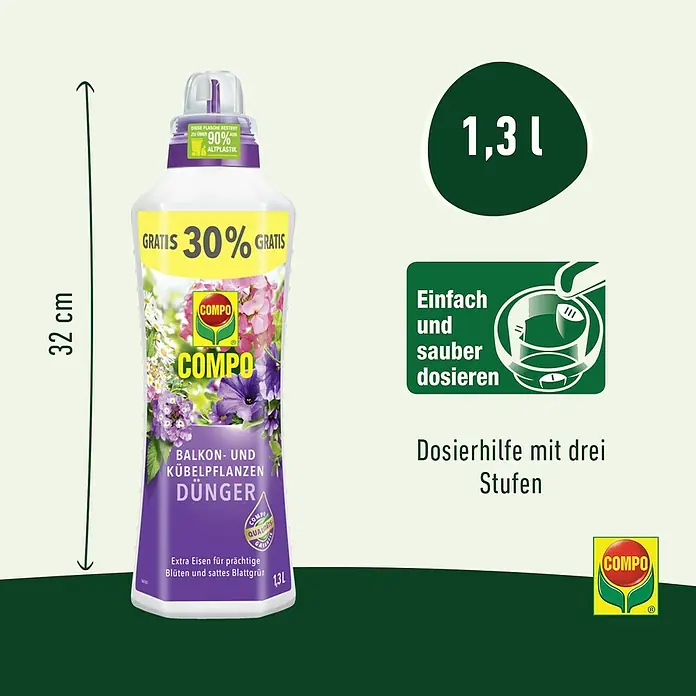 Compo Balkon- & Kübelpflanzen-Nahrung - 1,3 l - Bild einer Flasche COMPO Balkon- und Kübelpflanzendünger mit Dosierhilfe und 1,3 l Inhalt.