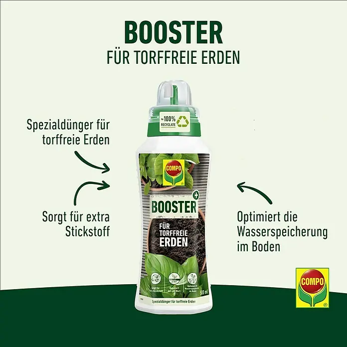 Compo Universaldünger Booster - 500 ml - Abbildung einer Flasche COMPO Booster für torffreie Erden. Sorgt für extra Stickstoff und optimiert die Wasserspeicherung im Boden.