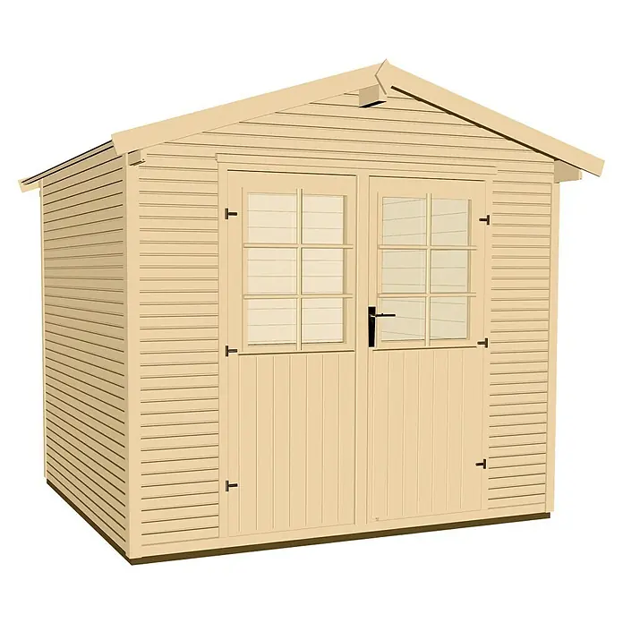 Weka wekaLine Gerätehaus Gr. 1 - Holz, Natur - Abbildung eines Holzschuppens mit Doppeltür und Fenstern, ideal für die Gartenaufbewahrung und Werkzeuge.