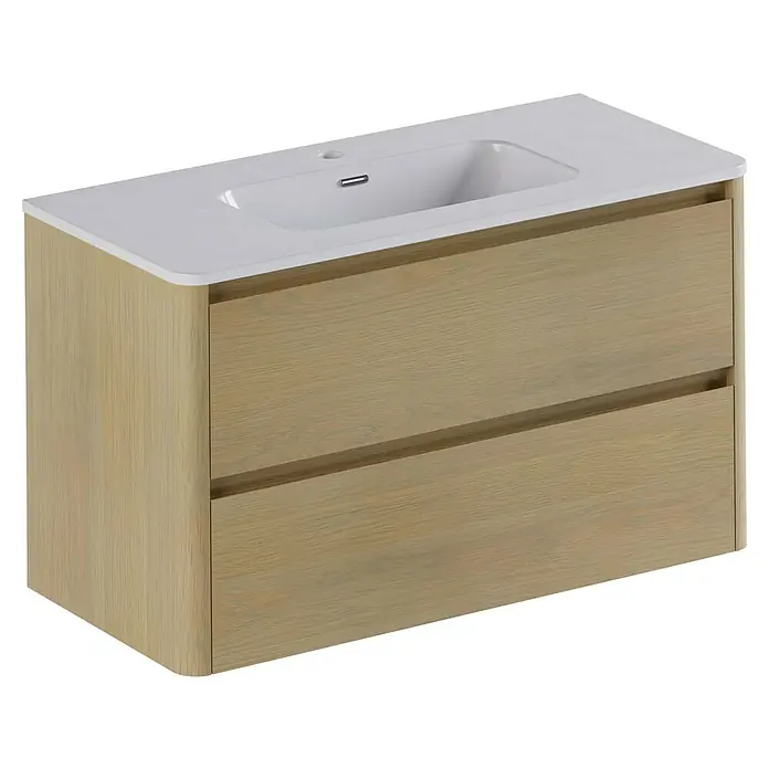 Thebalux Badmöbel-Set Sunny - Gesamtbreite Badmöbel: 101 cm, Blanc, Matt - Ein moderner Waschtischunterschrank mit zwei Schubladen und einer weißen Waschtischplatte. Die Holzstruktur verleiht ihm eine natürliche Note.