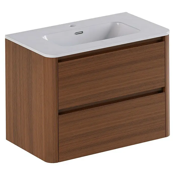 Thebalux Badmöbel-Set Sunny - Gesamtbreite Badmöbel: 81 cm, Roquebrun, Matt - Moderner Waschtischunterschrank in Holzoptik mit zwei Schubladen und einem weißen Aufsatzwaschbecken.