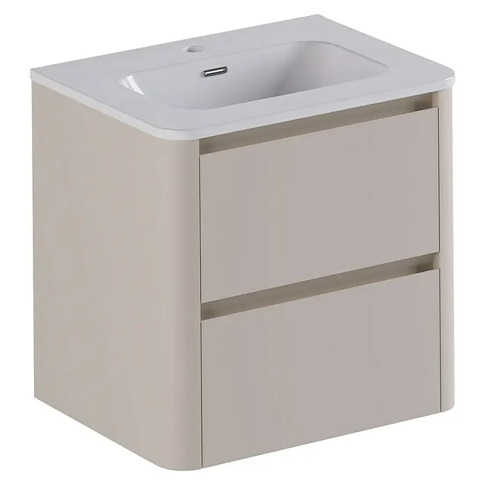 Thebalux Badmöbel-Set Sunny - Gesamtbreite Badmöbel: 61 cm, Sand, Matt - Waschtischunterschrank mit zwei Schubladen und einem weißen Waschbecken. Elegantes Design für das moderne Badezimmer.