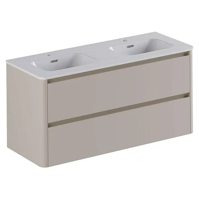 Thebalux Badmöbel-Set Sunny - Gesamtbreite Badmöbel: 121 cm, Sand, Matt - Ein moderner Waschtisch mit zwei Waschbecken und zwei Schubladen, ideal für ein stilvolles Badezimmer. Das schlichte Design passt perfekt in jedes Ambiente.