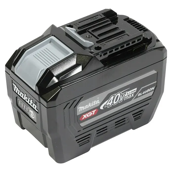 Makita XGT 40V max. Akku-Heißluftgebläse HG001G - 40 V, Ohne Akku, Temperaturbereich: 0 °C - 600 °C - Nahaufnahme des Makita BL4080H 40V Max Li-Ion Akkus, einem hochwertigen Werkzeugakku.