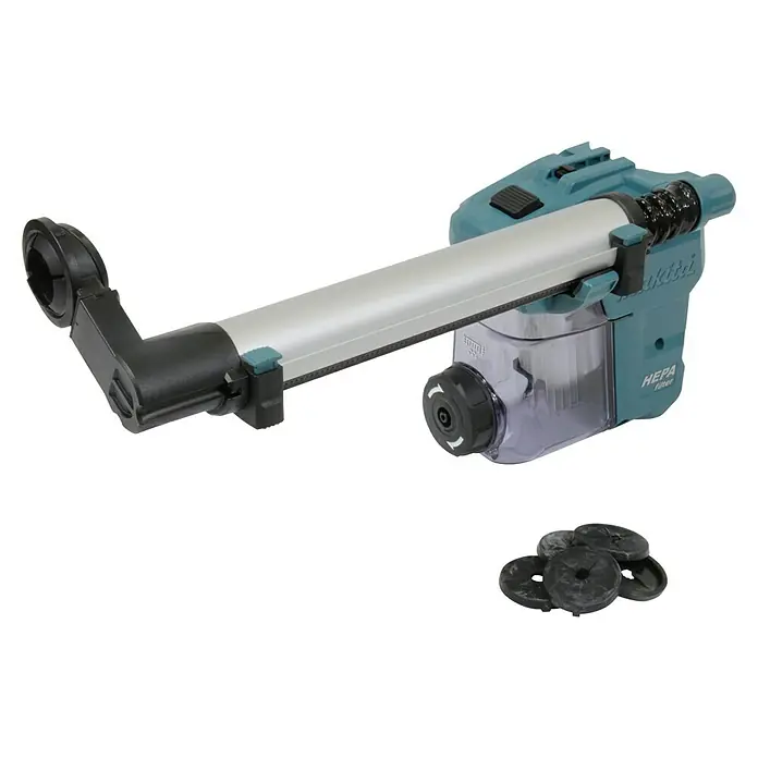 Makita Staubabsaugung DX11 - Passend für: Makita Kombihammer HR3012FC & HR009G - Abbildung eines Makita CL108FD Akku-Staubsaugers mit HEPA-Filter und Zubehör, ideal für die Reinigung.