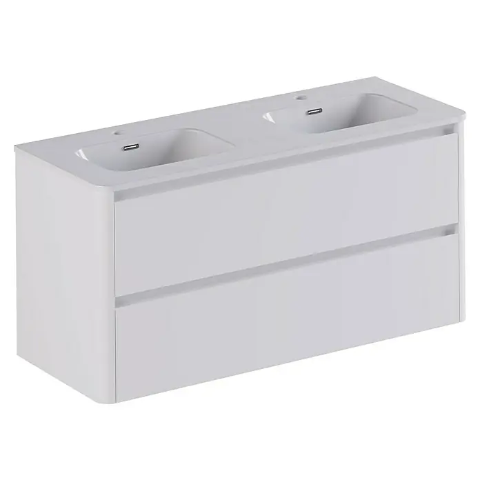 Thebalux Badmöbel-Set Sunny - Gesamtbreite Badmöbel: 121 cm, Matt Weiß, Matt - Schrank mit Doppelwaschbecken: ein moderner Badezimmerschrank mit zwei Waschbecken, in Weiß gehalten, für ein stilvolles Bad-Design.