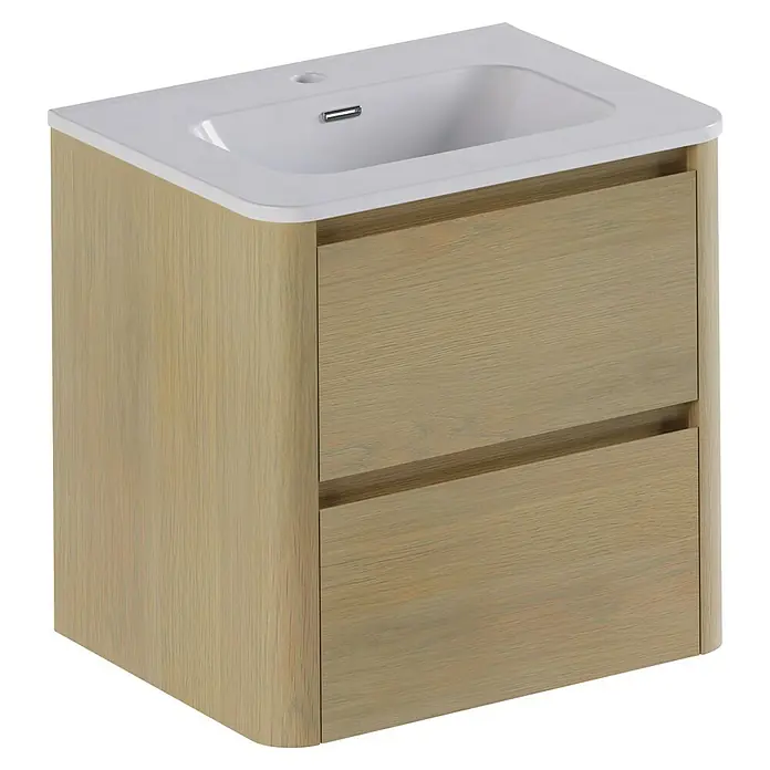 Thebalux Badmöbel-Set Sunny - Gesamtbreite Badmöbel: 61 cm, Blanc, Matt - Ein moderner Waschtischunterschrank in Holzoptik mit weißem Waschbecken und zwei Schubladen für das Badezimmer.