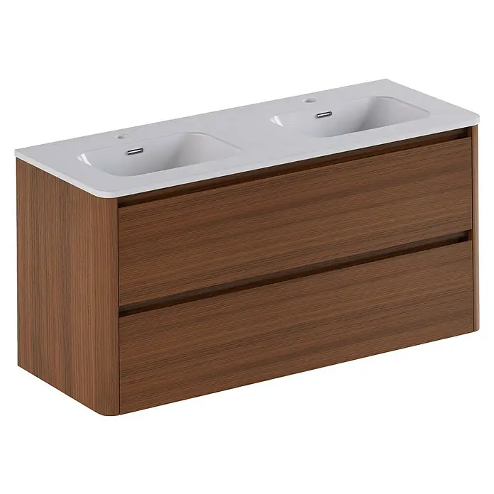 Thebalux Badmöbel-Set Sunny - Gesamtbreite Badmöbel: 121 cm, Roquebrun, Matt - Stilvoller Waschtischunterschrank in Holzoptik mit zwei Schubladen und Doppelwaschbecken für ein modernes Badezimmer.