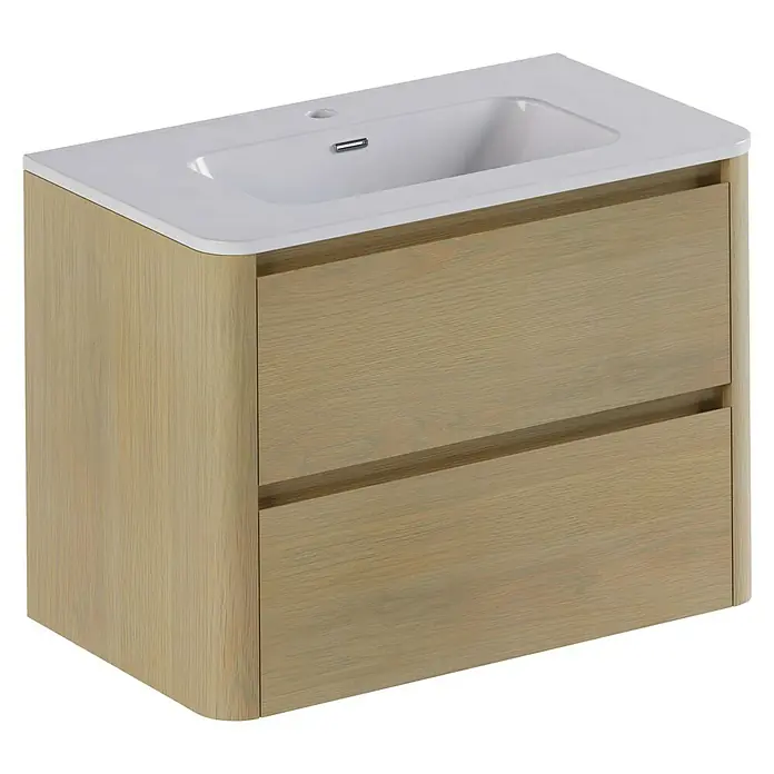 Thebalux Badmöbel-Set Sunny - Gesamtbreite Badmöbel: 81 cm, Blanc, Matt - Helles Holz Waschbeckenunterschrank mit zwei Schubladen und integriertem Waschbecken für modernes Badezimmerdesign.
