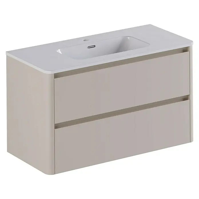 Thebalux Badmöbel-Set Sunny - Gesamtbreite Badmöbel: 101 cm, Sand, Matt - Ein moderner Waschtischunterschrank mit zwei Schubladen und einem eleganten Waschbecken. Die Oberfläche ist in einem neutralen Farbton gehalten.