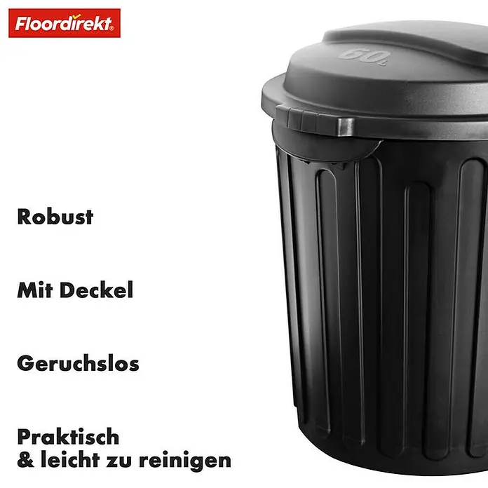 Floordirekt Standard Mülleimer Robin 60 L - 60 l, Kunststoff, Schwarz - Abbildung eines schwarzen 60L Abfalleimers mit Deckel von Floordirekt, der Robustheit und einfache Reinigung verspricht.
