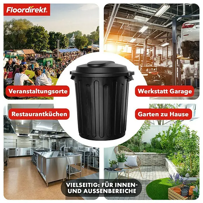 Floordirekt Standard Mülleimer Robin 60 L - 60 l, Kunststoff, Schwarz - Vielseitiger, schwarzer Abfallbehälter mit Deckel. Ideal für drinnen und draußen, robust und langlebig.