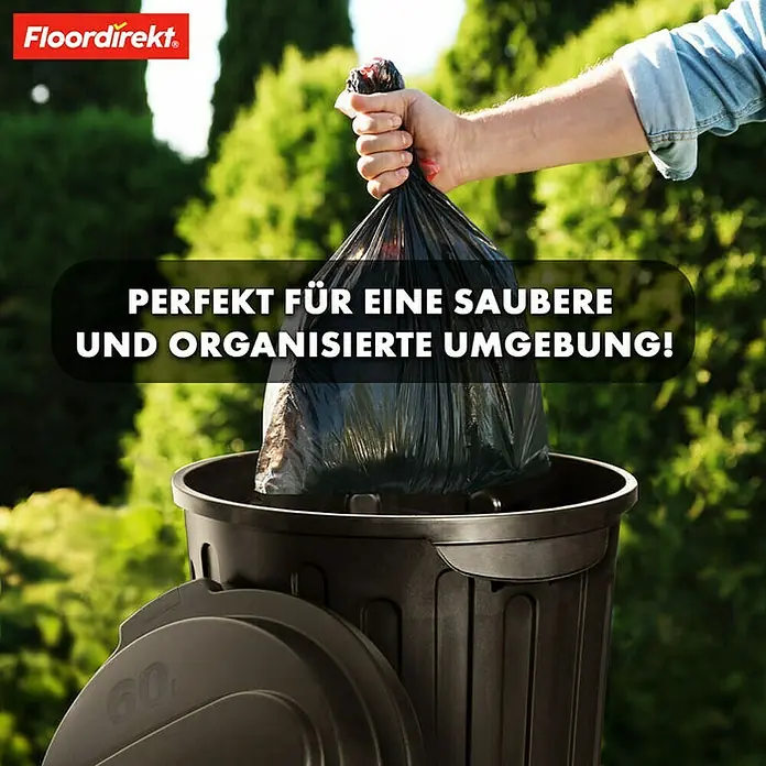 Floordirekt Standard Mülleimer Robin 60 L - 60 l, Kunststoff, Schwarz - Abfallsack wird in einen schwarzen Mülleimer geworfen.