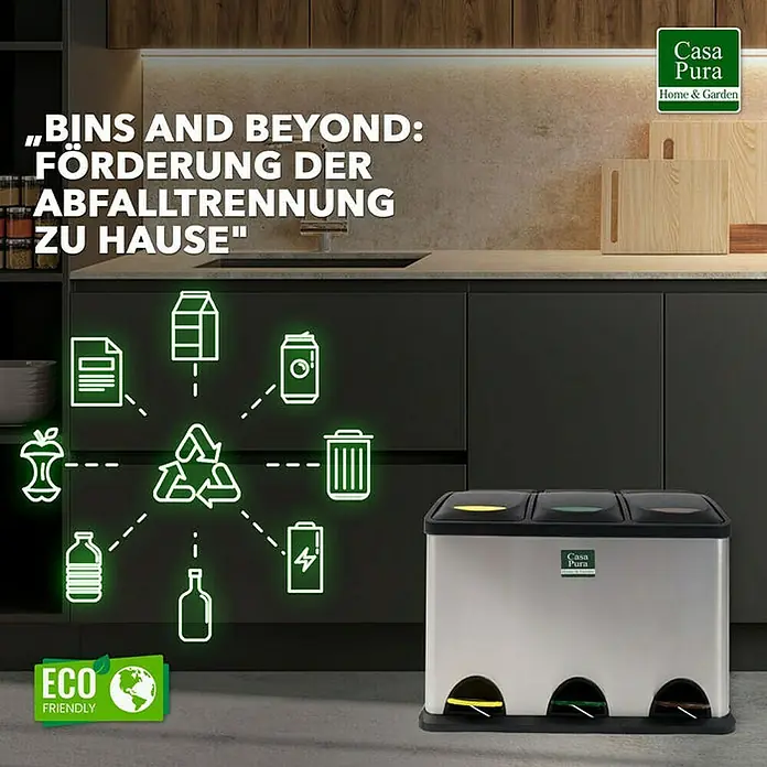 Floordirekt Standard Mülleimer Brandon 3 x 8 L - 24 l, Edelstahl, Silber - Produktbild eines Casa Pura Mülleimers mit mehreren Fächern für die Mülltrennung mit „Eco Friendly“-Logo.