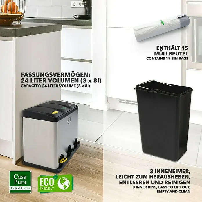 Floordirekt Standard Mülleimer Brandon 3 x 8 L - 24 l, Edelstahl, Silber - Das Bild zeigt einen Abfalltrenneimer mit drei Fächern und Müllbeutel. Perfekt für die umweltfreundliche Abfallentsorgung.