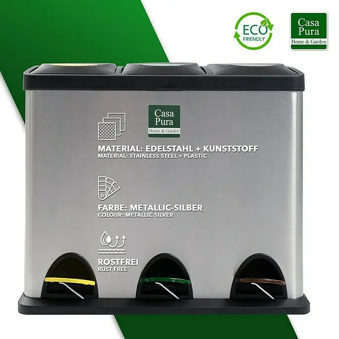 Floordirekt Standard Mülleimer Brandon 3 x 8 L - 24 l, Edelstahl, Silber - Ein praktischer, silberfarbener Casa Pura Mülleimer aus Edelstahl und Kunststoff zur Mülltrennung, mit drei Fächern und Rostfrei-Garantie.