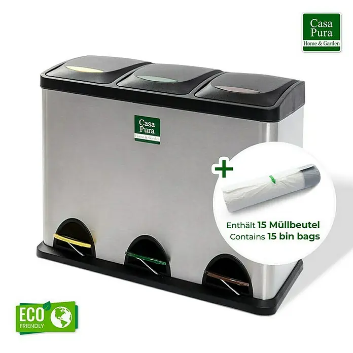 Floordirekt Standard Mülleimer Brandon 3 x 8 L - 24 l, Edelstahl, Silber - Ein Edelstahl-Mülltrennsystem von Casa Pura mit drei Fächern, inklusive 15 Müllbeuteln für eine einfache Abfalltrennung im Haushalt.