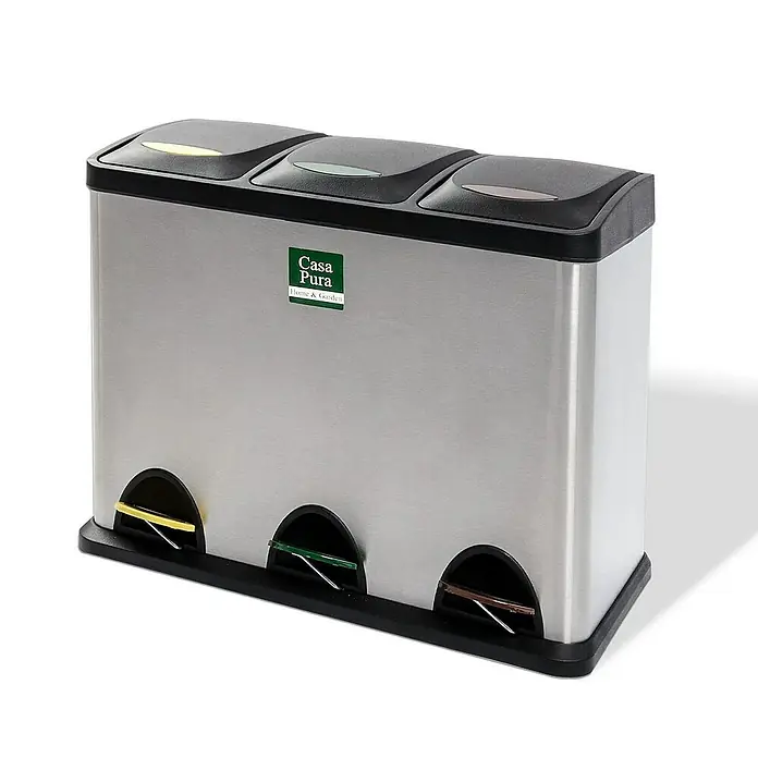 Floordirekt Standard Mülleimer Brandon 3 x 8 L - 24 l, Edelstahl, Silber - Ein Casa Pura Mülleimer mit drei Fächern, ideal für die Mülltrennung und eine saubere, organisierte Küche.